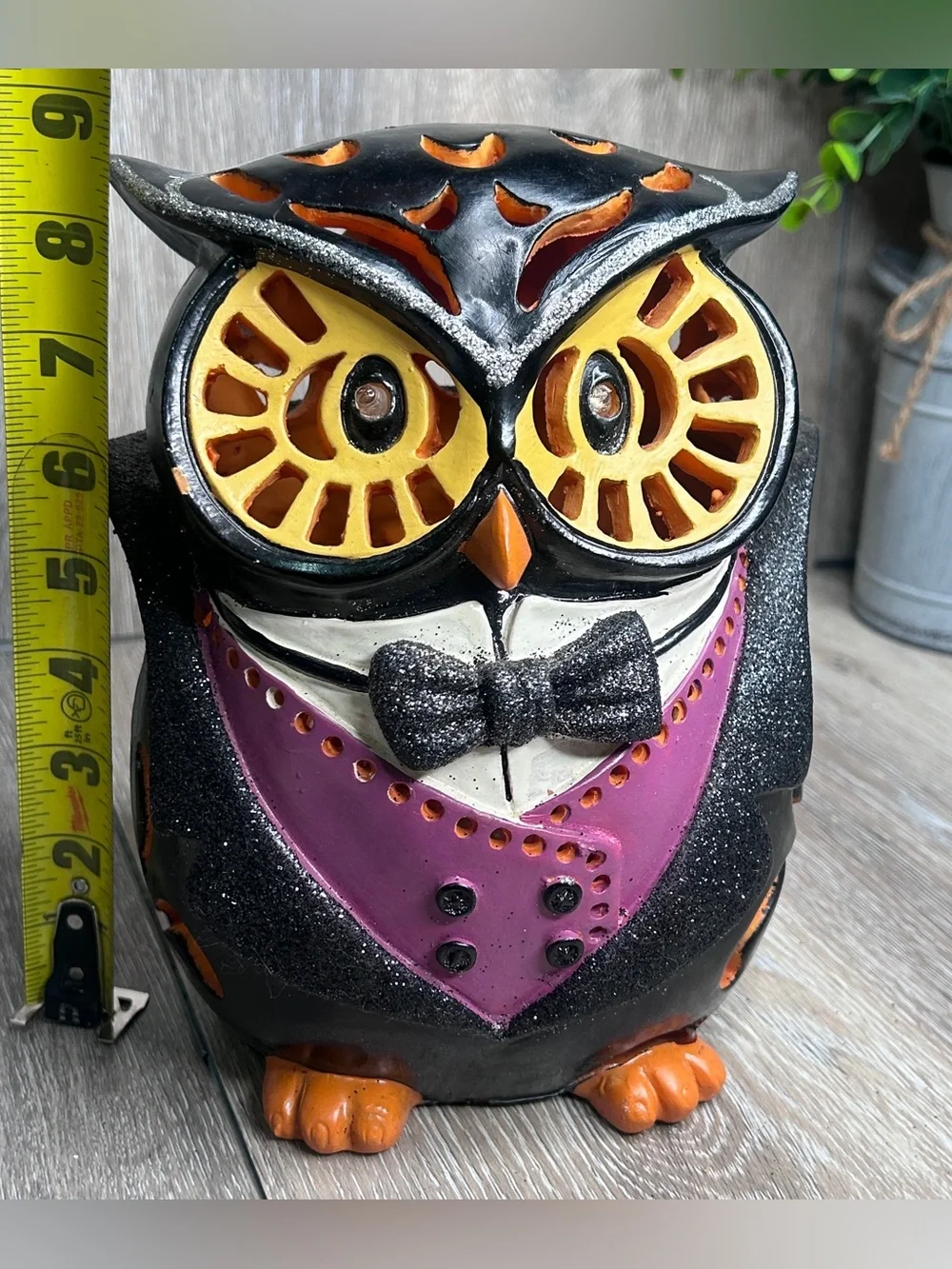 Cracker Barrel Halloween LED Color Changing Ceramic Owl Tuxedo Decor Light
